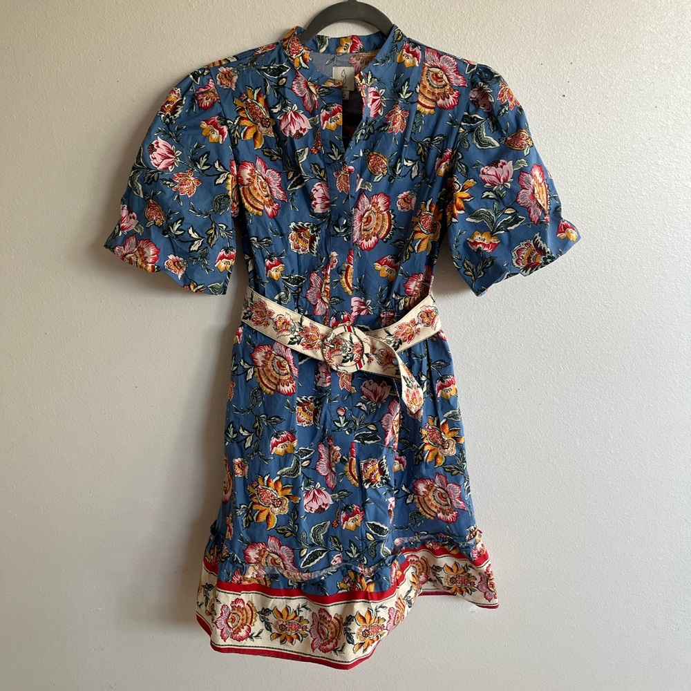 Blue Floral Puff Short Sleeve Belted Button Up Short Dress